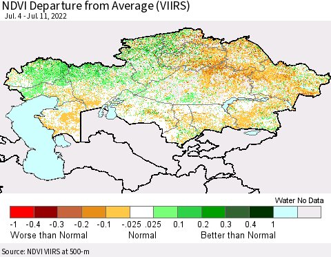 Kazakhstan NDVI Departure from Average (VIIRS) Thematic Map For 7/4/2022 - 7/11/2022