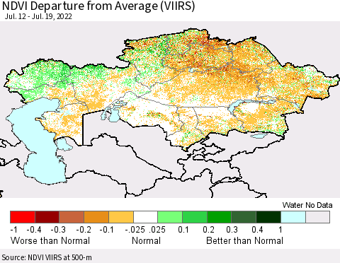 Kazakhstan NDVI Departure from Average (VIIRS) Thematic Map For 7/12/2022 - 7/19/2022