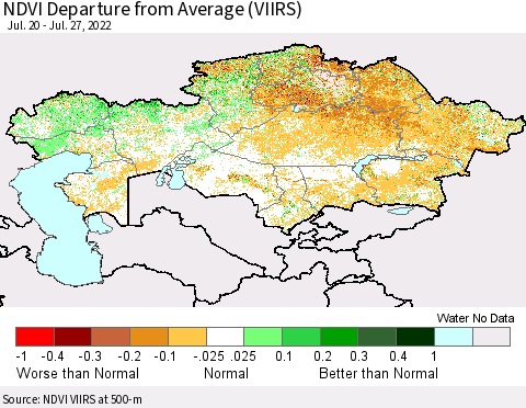 Kazakhstan NDVI Departure from Average (VIIRS) Thematic Map For 7/20/2022 - 7/27/2022