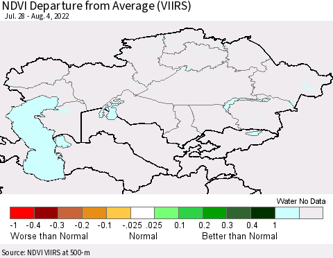 Kazakhstan NDVI Departure from Average (VIIRS) Thematic Map For 7/28/2022 - 8/4/2022