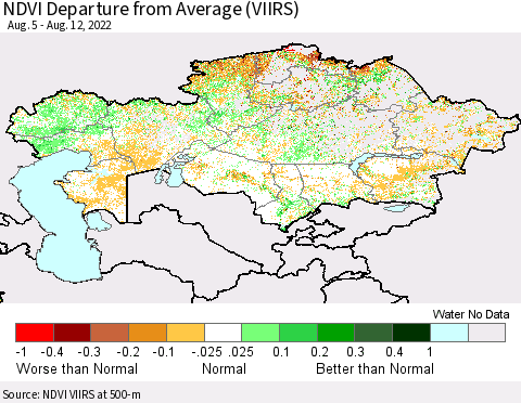 Kazakhstan NDVI Departure from Average (VIIRS) Thematic Map For 8/5/2022 - 8/12/2022