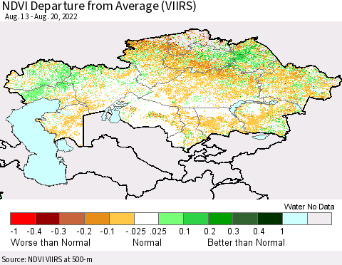 Kazakhstan NDVI Departure from Average (VIIRS) Thematic Map For 8/13/2022 - 8/20/2022