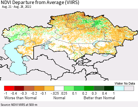 Kazakhstan NDVI Departure from Average (VIIRS) Thematic Map For 8/21/2022 - 8/28/2022