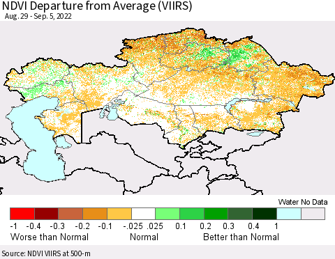 Kazakhstan NDVI Departure from Average (VIIRS) Thematic Map For 8/29/2022 - 9/5/2022