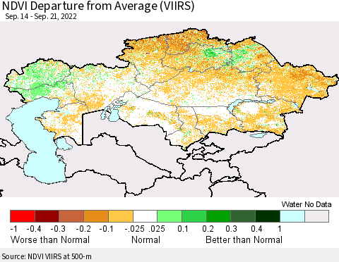 Kazakhstan NDVI Departure from Average (VIIRS) Thematic Map For 9/14/2022 - 9/21/2022