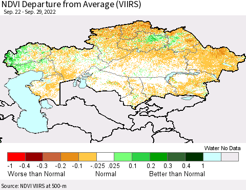 Kazakhstan NDVI Departure from Average (VIIRS) Thematic Map For 9/22/2022 - 9/29/2022