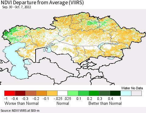 Kazakhstan NDVI Departure from Average (VIIRS) Thematic Map For 9/30/2022 - 10/7/2022