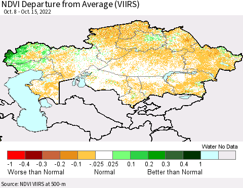 Kazakhstan NDVI Departure from Average (VIIRS) Thematic Map For 10/8/2022 - 10/15/2022