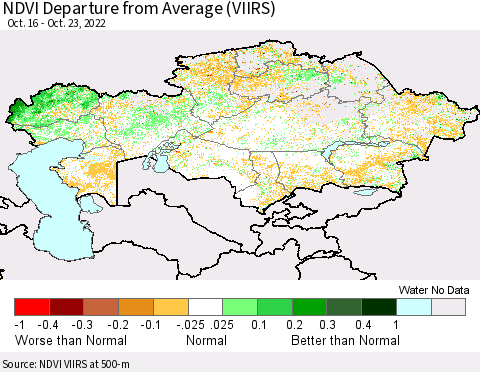 Kazakhstan NDVI Departure from Average (VIIRS) Thematic Map For 10/16/2022 - 10/23/2022