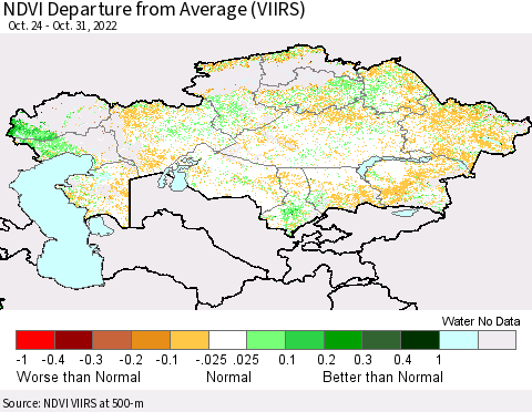 Kazakhstan NDVI Departure from Average (VIIRS) Thematic Map For 10/24/2022 - 10/31/2022