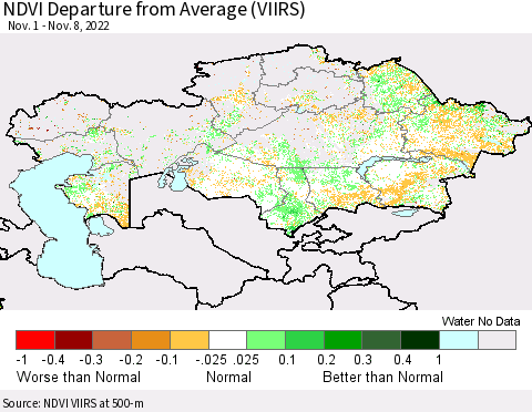 Kazakhstan NDVI Departure from Average (VIIRS) Thematic Map For 11/1/2022 - 11/8/2022
