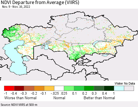 Kazakhstan NDVI Departure from Average (VIIRS) Thematic Map For 11/9/2022 - 11/16/2022