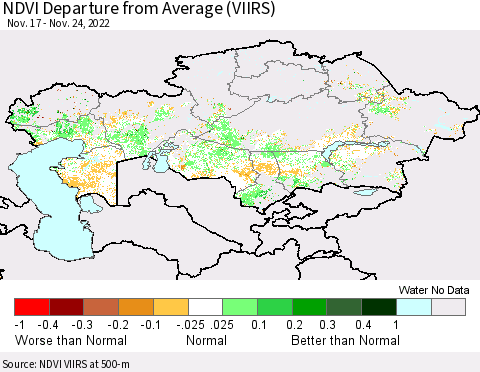 Kazakhstan NDVI Departure from Average (VIIRS) Thematic Map For 11/17/2022 - 11/24/2022
