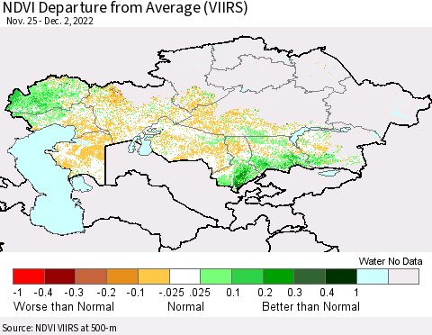 Kazakhstan NDVI Departure from Average (VIIRS) Thematic Map For 11/25/2022 - 12/2/2022