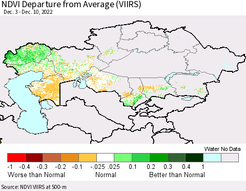 Kazakhstan NDVI Departure from Average (VIIRS) Thematic Map For 12/3/2022 - 12/10/2022
