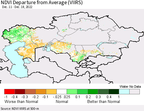 Kazakhstan NDVI Departure from Average (VIIRS) Thematic Map For 12/11/2022 - 12/18/2022