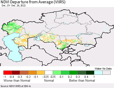 Kazakhstan NDVI Departure from Average (VIIRS) Thematic Map For 12/19/2022 - 12/26/2022