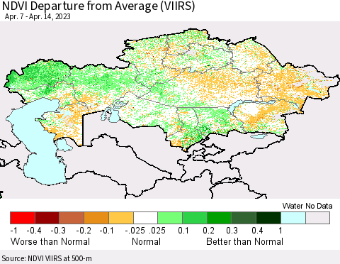 Kazakhstan NDVI Departure from Average (VIIRS) Thematic Map For 4/7/2023 - 4/14/2023