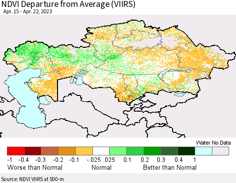 Kazakhstan NDVI Departure from Average (VIIRS) Thematic Map For 4/15/2023 - 4/22/2023