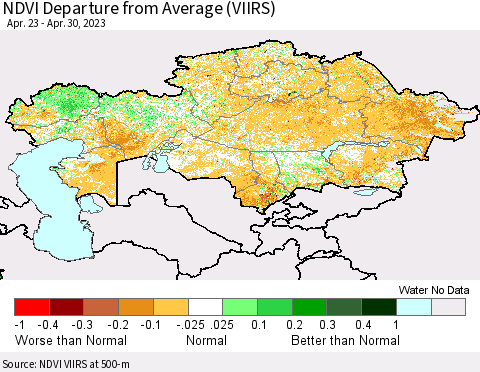 Kazakhstan NDVI Departure from Average (VIIRS) Thematic Map For 4/23/2023 - 4/30/2023