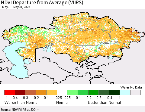 Kazakhstan NDVI Departure from Average (VIIRS) Thematic Map For 5/1/2023 - 5/8/2023