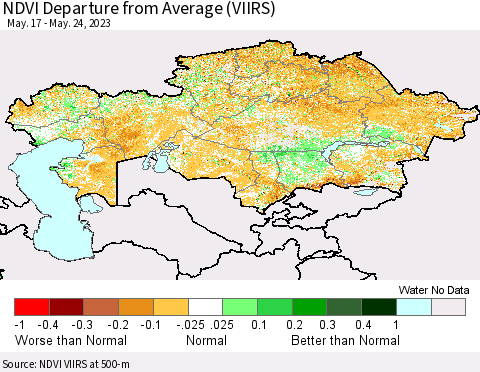 Kazakhstan NDVI Departure from Average (VIIRS) Thematic Map For 5/17/2023 - 5/24/2023