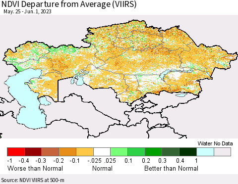 Kazakhstan NDVI Departure from Average (VIIRS) Thematic Map For 5/25/2023 - 6/1/2023