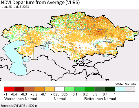 Kazakhstan NDVI Departure from Average (VIIRS) Thematic Map For 6/26/2023 - 7/3/2023