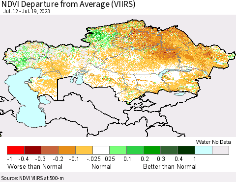 Kazakhstan NDVI Departure from Average (VIIRS) Thematic Map For 7/12/2023 - 7/19/2023