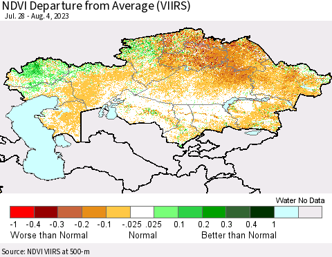 Kazakhstan NDVI Departure from Average (VIIRS) Thematic Map For 7/28/2023 - 8/4/2023
