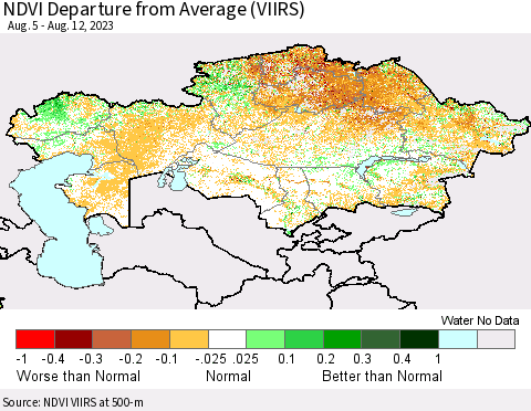 Kazakhstan NDVI Departure from Average (VIIRS) Thematic Map For 8/5/2023 - 8/12/2023