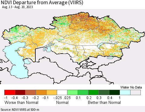 Kazakhstan NDVI Departure from Average (VIIRS) Thematic Map For 8/13/2023 - 8/20/2023