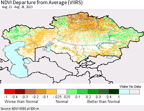 Kazakhstan NDVI Departure from Average (VIIRS) Thematic Map For 8/21/2023 - 8/28/2023