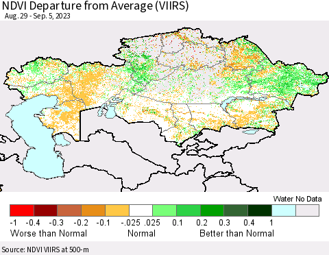 Kazakhstan NDVI Departure from Average (VIIRS) Thematic Map For 8/29/2023 - 9/5/2023