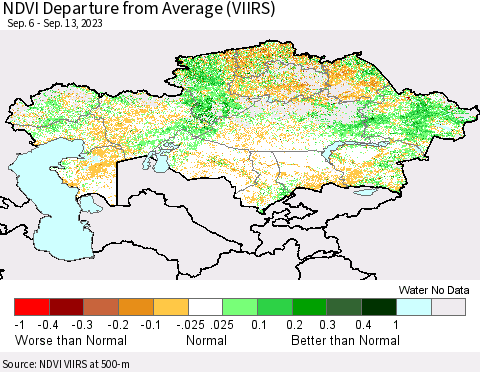 Kazakhstan NDVI Departure from Average (VIIRS) Thematic Map For 9/6/2023 - 9/13/2023