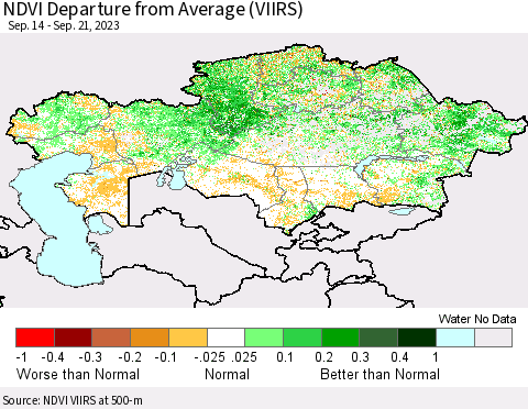 Kazakhstan NDVI Departure from Average (VIIRS) Thematic Map For 9/14/2023 - 9/21/2023