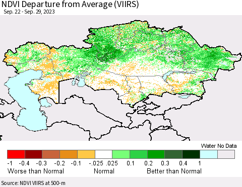 Kazakhstan NDVI Departure from Average (VIIRS) Thematic Map For 9/22/2023 - 9/29/2023