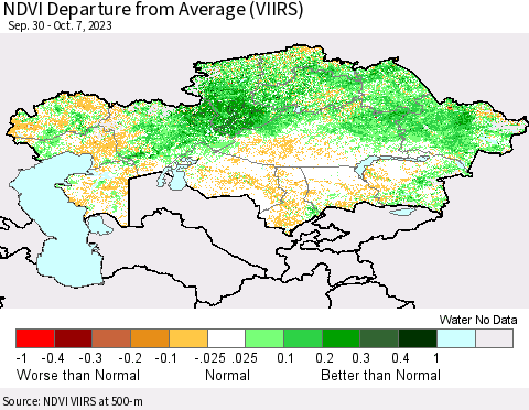 Kazakhstan NDVI Departure from Average (VIIRS) Thematic Map For 9/30/2023 - 10/7/2023