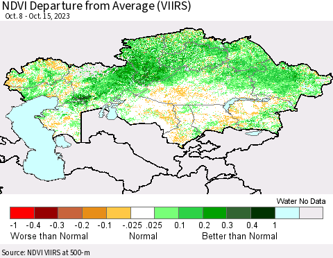 Kazakhstan NDVI Departure from Average (VIIRS) Thematic Map For 10/8/2023 - 10/15/2023