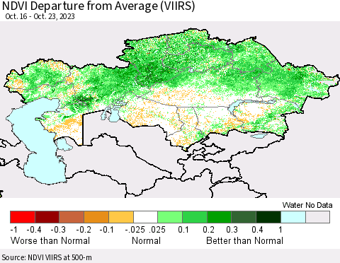 Kazakhstan NDVI Departure from Average (VIIRS) Thematic Map For 10/16/2023 - 10/23/2023
