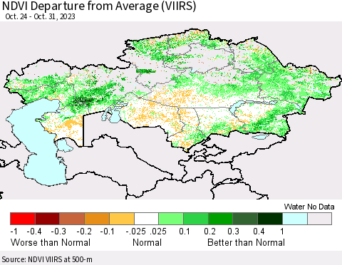Kazakhstan NDVI Departure from Average (VIIRS) Thematic Map For 10/24/2023 - 10/31/2023