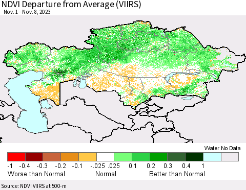 Kazakhstan NDVI Departure from Average (VIIRS) Thematic Map For 11/1/2023 - 11/8/2023