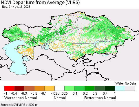 Kazakhstan NDVI Departure from Average (VIIRS) Thematic Map For 11/9/2023 - 11/16/2023