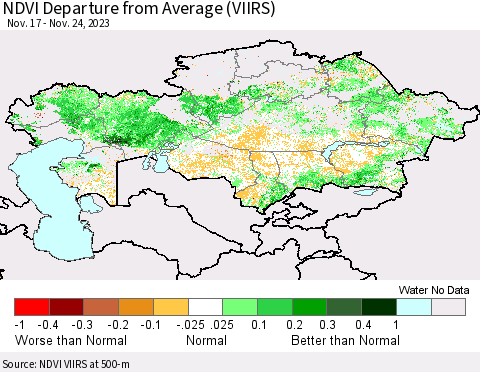 Kazakhstan NDVI Departure from Average (VIIRS) Thematic Map For 11/17/2023 - 11/24/2023