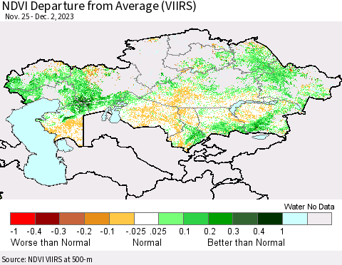 Kazakhstan NDVI Departure from Average (VIIRS) Thematic Map For 11/25/2023 - 12/2/2023
