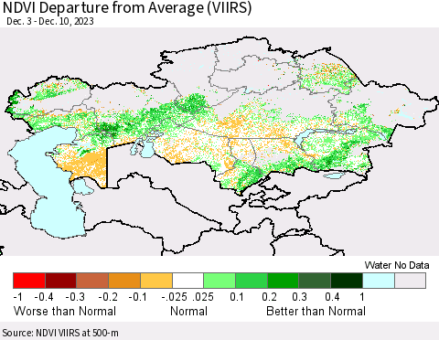 Kazakhstan NDVI Departure from Average (VIIRS) Thematic Map For 12/3/2023 - 12/10/2023