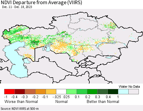 Kazakhstan NDVI Departure from Average (VIIRS) Thematic Map For 12/11/2023 - 12/18/2023
