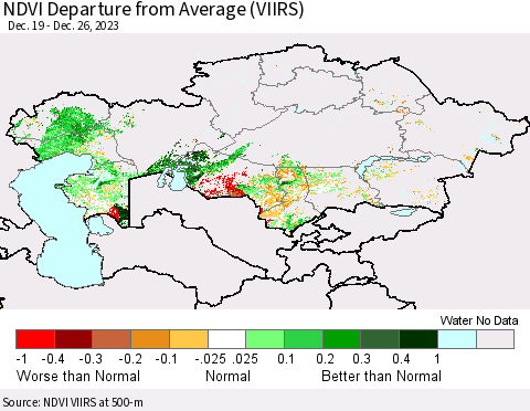 Kazakhstan NDVI Departure from Average (VIIRS) Thematic Map For 12/19/2023 - 12/26/2023