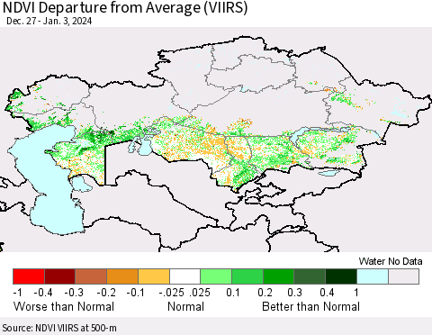 Kazakhstan NDVI Departure from Average (VIIRS) Thematic Map For 12/27/2023 - 1/3/2024