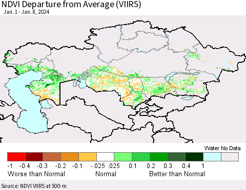 Kazakhstan NDVI Departure from Average (VIIRS) Thematic Map For 1/1/2024 - 1/8/2024